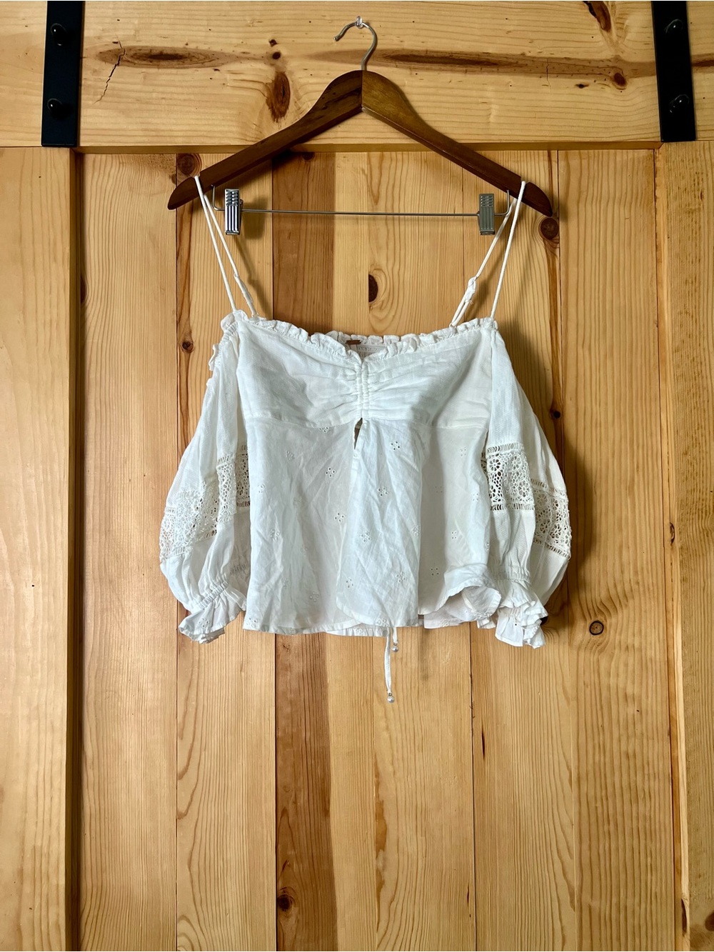 Free People White Off-Shoulder Lace Sleeve Crop Top